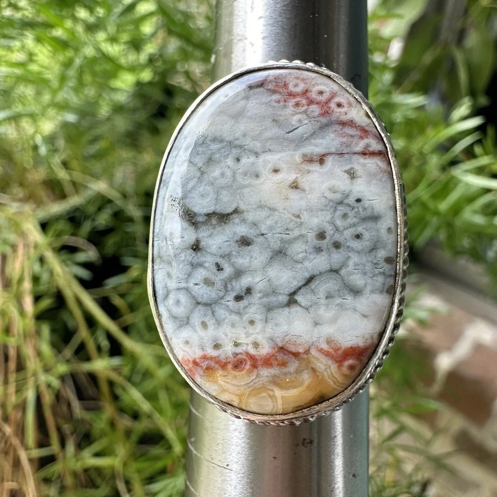 Artisan Statement Ring Agate‎ Size 8.75 Multi Agatized Coral 925 Sterling 16.4g